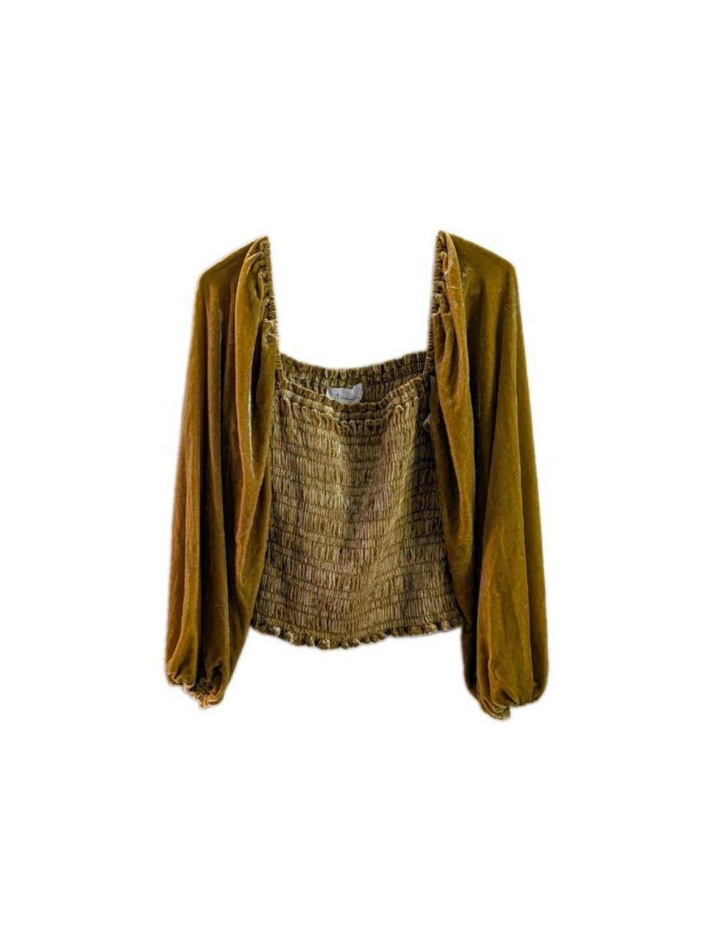 Anthropologie Velvet Smocked Top Size S Gold Square Neck Balloon Long Sleeve